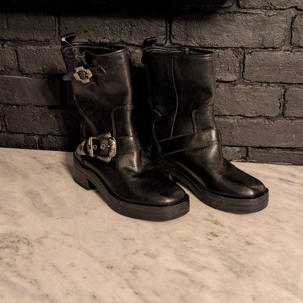 Larroude Women's Hardy Black Leather Western Mid-Calf Boots Size 5.5